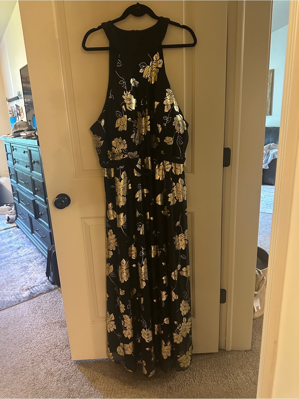 Plus size Black Maxi Dress with Gold shimmer Floral Print (no glitter)